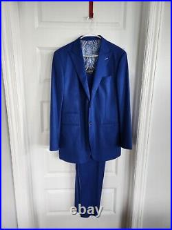 Custom 2 Piece Wool Drago Aldrich Electric Blue Italian Suit 44R. Pants 34x32