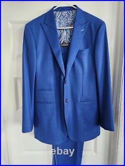 Custom 2 Piece Wool Drago Aldrich Electric Blue Italian Suit 44R. Pants 34x32