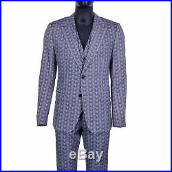 DOLCE & GABBANA 3 Pieces Owls Suit Blazer Jacket Vest Trousers Blue Gray 06888
