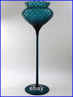 Empoli Italian Peacock Blue Optic Art Glass Stem Goblet Bowl Compote Vase