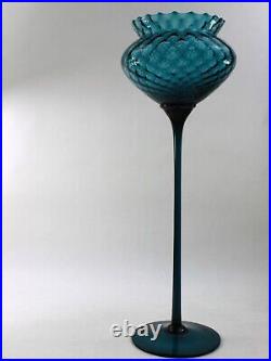 Empoli Italian Peacock Blue Optic Art Glass Stem Goblet Bowl Compote Vase