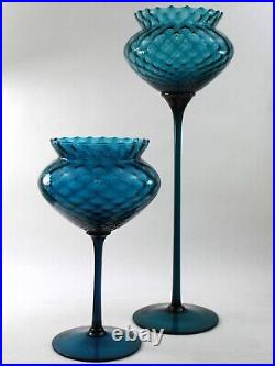 Empoli Italian Peacock Blue Optic Art Glass Stem Goblet Bowl Compote Vase