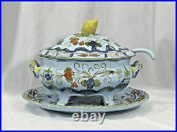 FAENZA Garofano Blue Carnation Sigma Soup Tureen Lid Ladle & Under Plate Italy