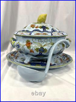 FAENZA Garofano Blue Carnation Sigma Soup Tureen Lid Ladle & Under Plate Italy