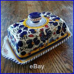 FIMA DERUTA ITALY Italian Pottery ORVIETO BLUE Rooster BUTTER DISH 2 pieces