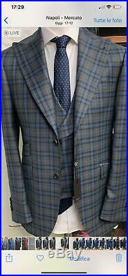 Grey/blue plaid super 150 Cerruti 3 piece wool suit/ wide Tom Ford peak lapel