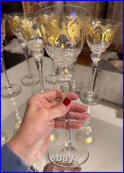 Hand Painted Swans 24kt Gold & Blue Italian Crystal Goblets Italy made Set of 8