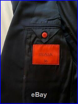 Isaia Navy 2 Piece Suit Size 50 Italian Wool Shell / Cupro Red Striped Lining
