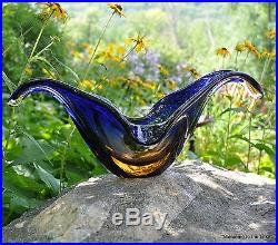 Italian Art Glass Console Bowl, Stunning Amber To Cobalt, 17 Piece