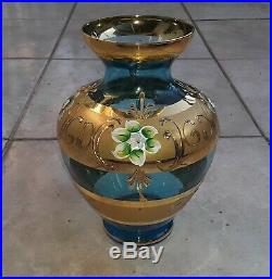 Italian Glass Blue Gold Hand Painted Flower Vase Center Piece Art Decor Italy