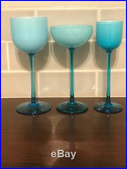 Italian Mid Century Blue Cased Glass Wine Glasses / 16 Pieces