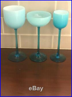 Italian Mid Century Blue Cased Glass Wine Glasses / 16 Pieces