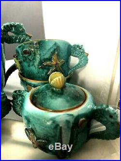 Italian Mid-Century Modern Art Pottery 3-D Seahorse Octopus Tea Set 13 Pieces
