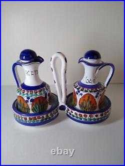Italian Redware Pottery Oil & Vinegar 3 Piece Set Olio & Aceto Vintage