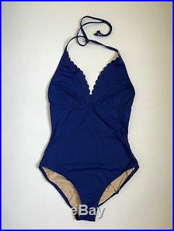 JCrew Scalloped V-Neck One-Piece Swimsuit Italian Matte 10 M Medium F0762 Blue