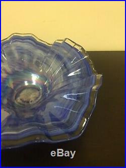 Large Stunning Ruffled Blue Glass Center Piece Fruit Bowl 16
