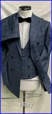 Light blue super 150 Cerruti 3 piece wool suit with wide peak lapel