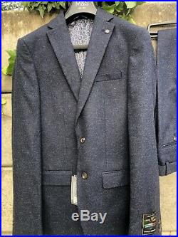M&s Slim Fit Blue Italian Wool 3 Piece Suit 36 Jkt 32 Pants M Waistcoat Bnwt
