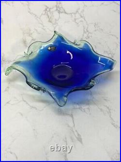 MURANO White Crystal Handmade In Italy Art Glass Bowl Blue Cobalt
