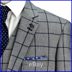 Men's British Designer Cavani Grey 3 Piece Blue Checked Tailored Fit Suit