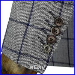 Men's British Designer Cavani Grey 3 Piece Blue Checked Tailored Fit Suit