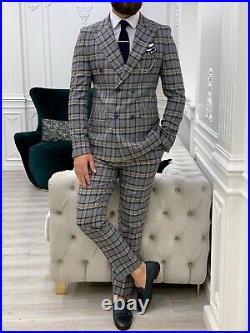 Men's Plaid Double Breasted Suit Navy Blue Italian Cut Slim Fit Suit Wedding