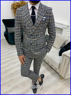 Men's Plaid Double Breasted Suit Navy Blue Italian Cut Slim Fit Suit Wedding