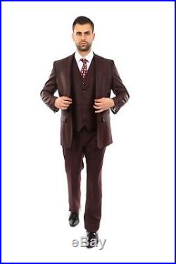 Men's Tailored Fit Textured Suit Two Button 3 Piece Vested Formal Business Suits