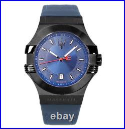 Men's Watch Maserati Power Steel Black Leather Strap Blue Italian Design