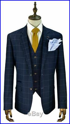 Mens Blue Check Slim Fit 3 Piece Wedding Formal Work Suit Italian Style