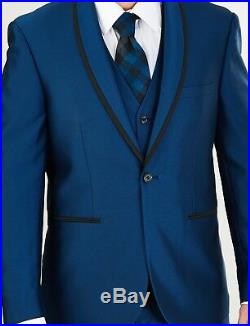 Mens Monaco Blue Sharkskin Black Trim + Matching Vest Modern Fit 3 Piece Suit