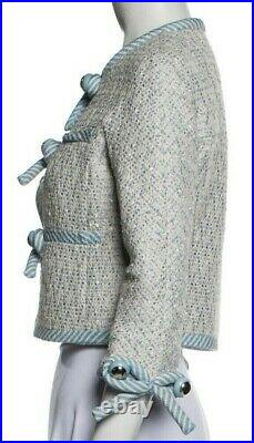 Moschino Blue Stripe Bows Boucle Italian 2 Piece Skirt Suit Jacket USA 4 NWT