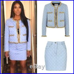 Moschino Italian Couture 2 Piece Denim Quilt Gold Chain Skirt Suit IT44 USA 10