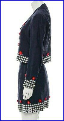 Moschino Italian Navy Gingham Flower Lined 2 Piece Skirt Suit Jacket USA Sz 10