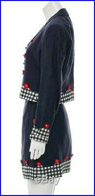 Moschino Italian Navy Gingham Flower Lined 2 Piece Skirt Suit Jacket USA Sz 10