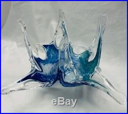 Murano Cobalt White Teal Stretch Center Piece Art Glass Bowl 9 by 12