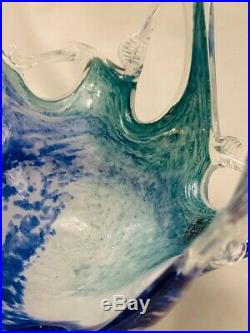 Murano Cobalt White Teal Stretch Center Piece Art Glass Bowl 9 by 12