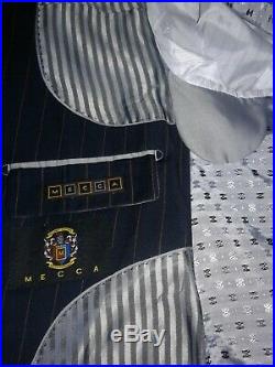 NEW MECCA 2 Piece Men Suit Navy Blue Pinstriped ITALIAN 42 L 36/33 R Cuffed