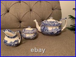 NEW Spode Blue Italian Collection Teapot Sugar Cream 3 Piece Set England