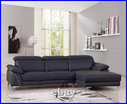 Navy Blue Italian Leather L Shaped Two Piece Sofa and Chaise Sectional