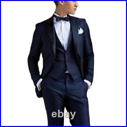 Navy Blue Italian Wedding Tuxedos Groom Suits Blazer Set (Jacket Vest+Pants+Tie)