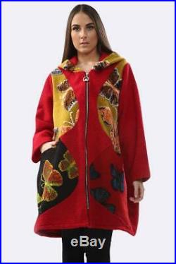New Ladies Womens Italian Lagenlook Patch Floral Fleece Hooded Jackets Fit 14-24