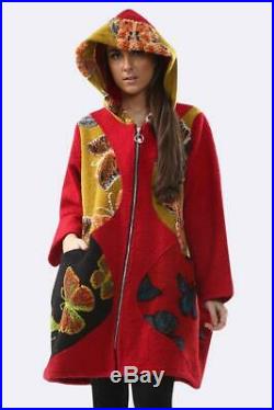New Ladies Womens Italian Lagenlook Patch Floral Fleece Hooded Jackets Fit 14-24
