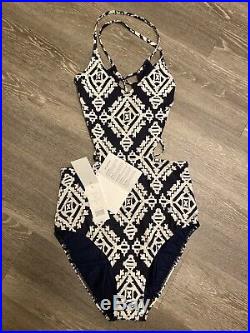 New Tory Burch Small Navy Tapestry Geo Print One-piece Bathing Suit $218 NWT