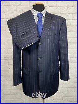 PAL ZILERI Mens Navy Blue ITALIAN Stripe Pleated 2pc Suit 44R Jacket 32x29 Pant