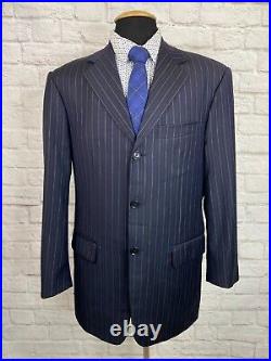 PAL ZILERI Mens Navy Blue ITALIAN Stripe Pleated 2pc Suit 44R Jacket 32x29 Pant