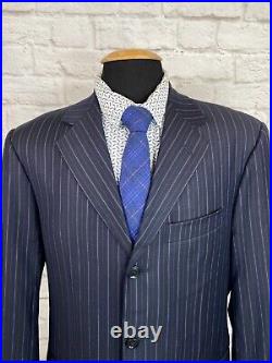 PAL ZILERI Mens Navy Blue ITALIAN Stripe Pleated 2pc Suit 44R Jacket 32x29 Pant