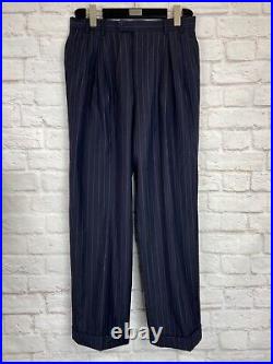 PAL ZILERI Mens Navy Blue ITALIAN Stripe Pleated 2pc Suit 44R Jacket 32x29 Pant