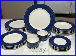 Pagnossin Treviso Blue Ribbed Ironstone Plates Rim Soup Bowls Cup & Saucer 18 PC