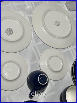 Pagnossin Treviso Blue Ribbed Ironstone Plates Rim Soup Bowls Cup & Saucer 18 PC